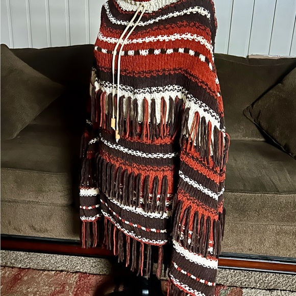 Vintage • Southwestern• Alpaca Fabric • Brown/Beige • One Size • Fringe • Poncho - Picture 5 of 14